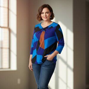 INC International Women’s Top y2k 2000s Concepts Draped Plus Size 3X Blue Print